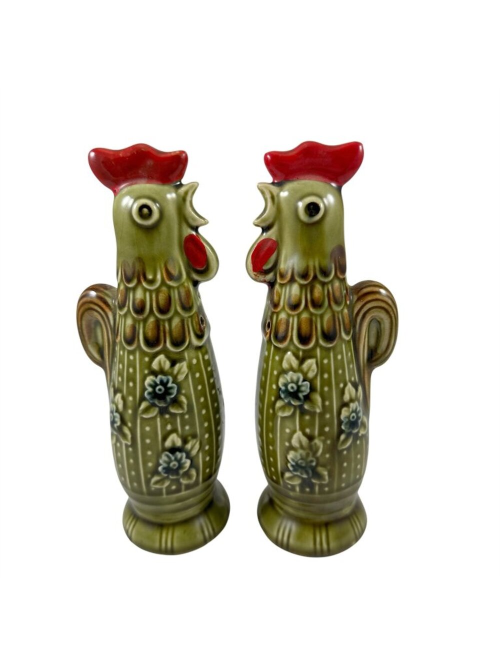 Rooster Salt & Pepper Shaker Set Green Ceramic Japan Vintage 1960s Farmhouse